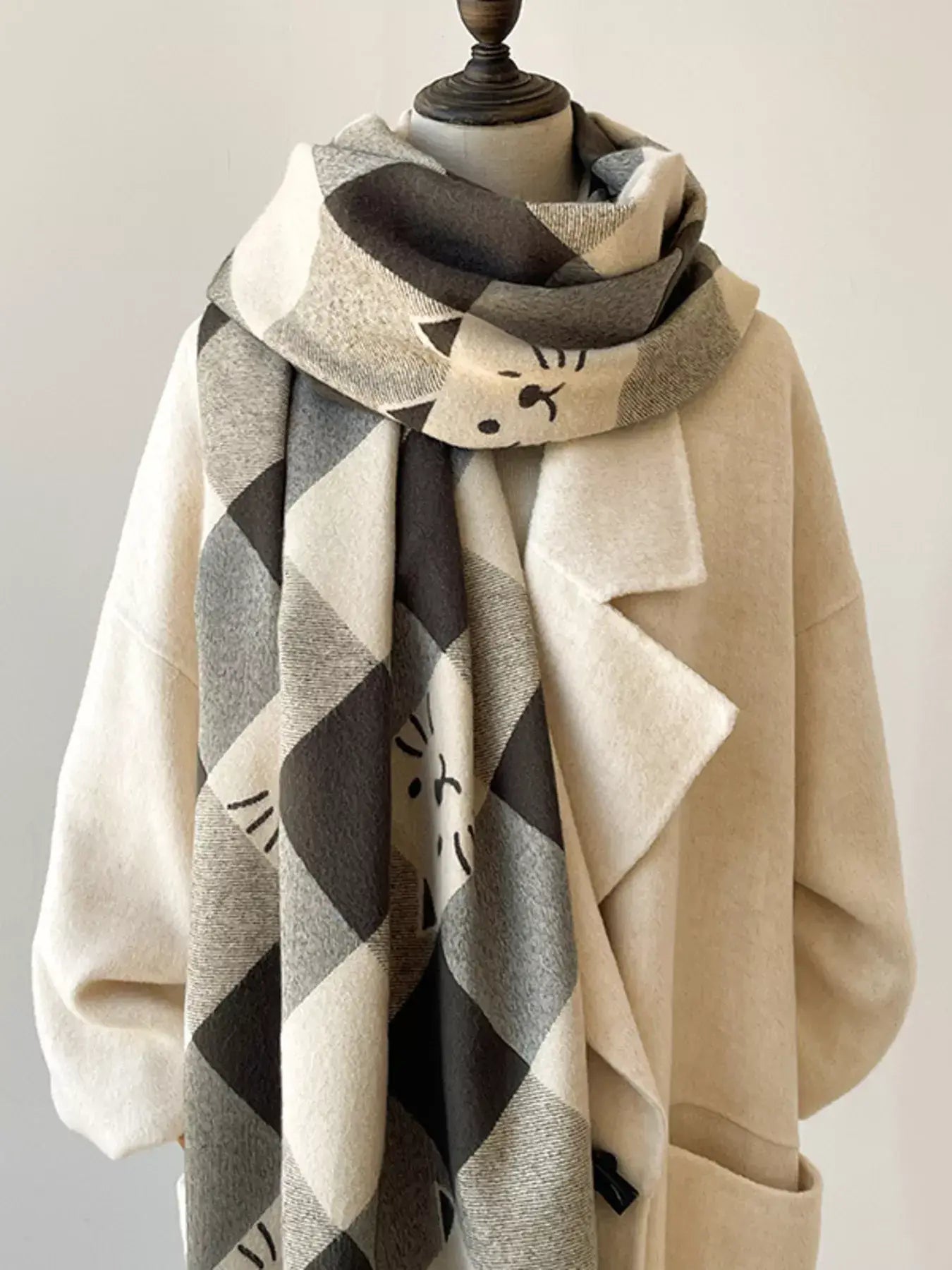 Cute Cat Pattern Plaid Raw Hem Scarf - Trendsi - Flyclothing LLC