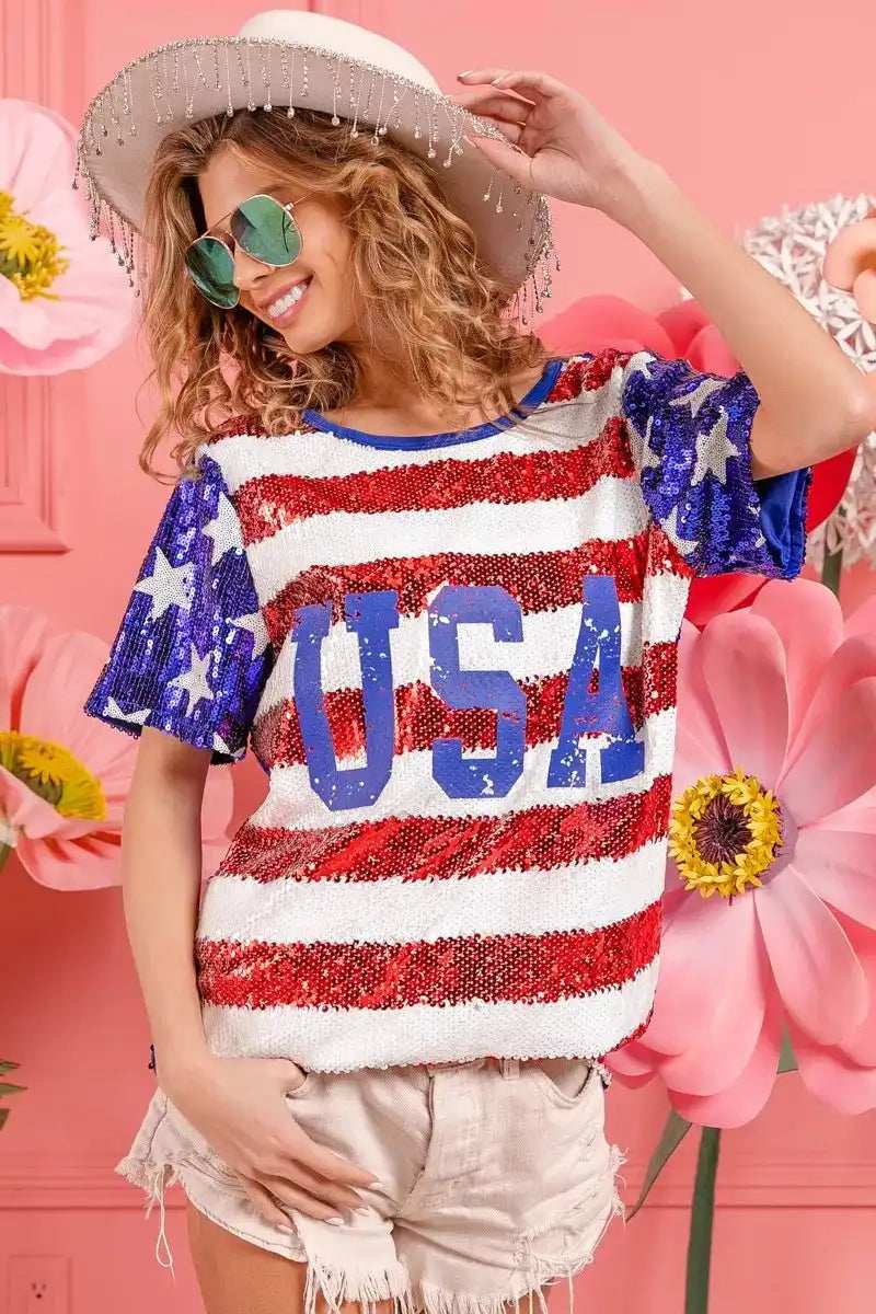 BiBi American Flag Theme USA Lettering Sequin Top - Trendsi - Flyclothing LLC