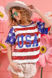 BiBi American Flag Theme USA Lettering Sequin Top - Trendsi - Flyclothing LLC