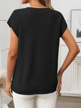 Cable-Knit V-Neck Short Sleeve Knit Top - Trendsi - Flyclothing LLC