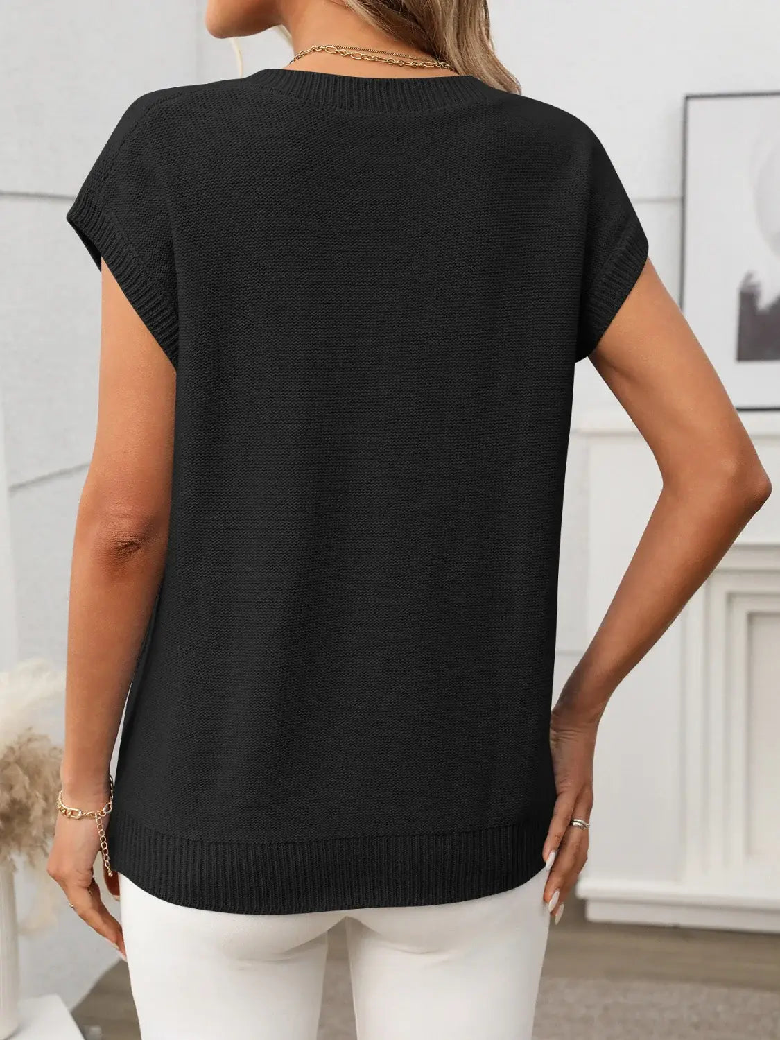 Cable-Knit V-Neck Short Sleeve Knit Top - Trendsi - Flyclothing LLC