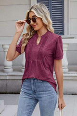 Notched Short Sleeve Solid Color Top - Trendsi - Flyclothing LLC