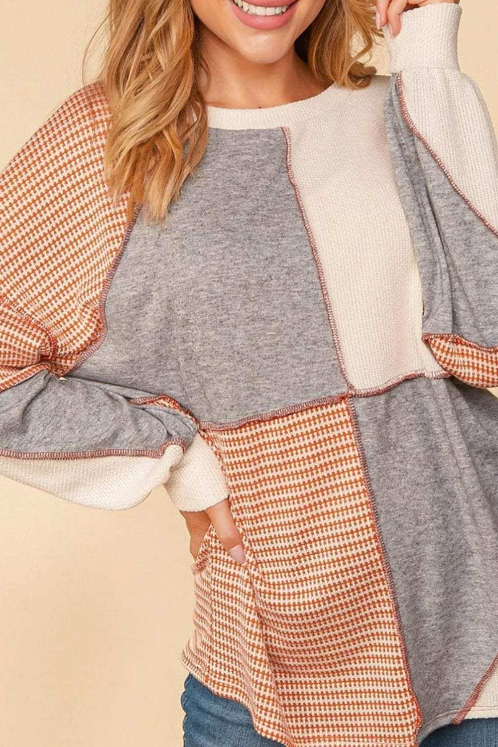 Exposed Seam Color Block Round Neck Top - Trendsi - Flyclothing LLC