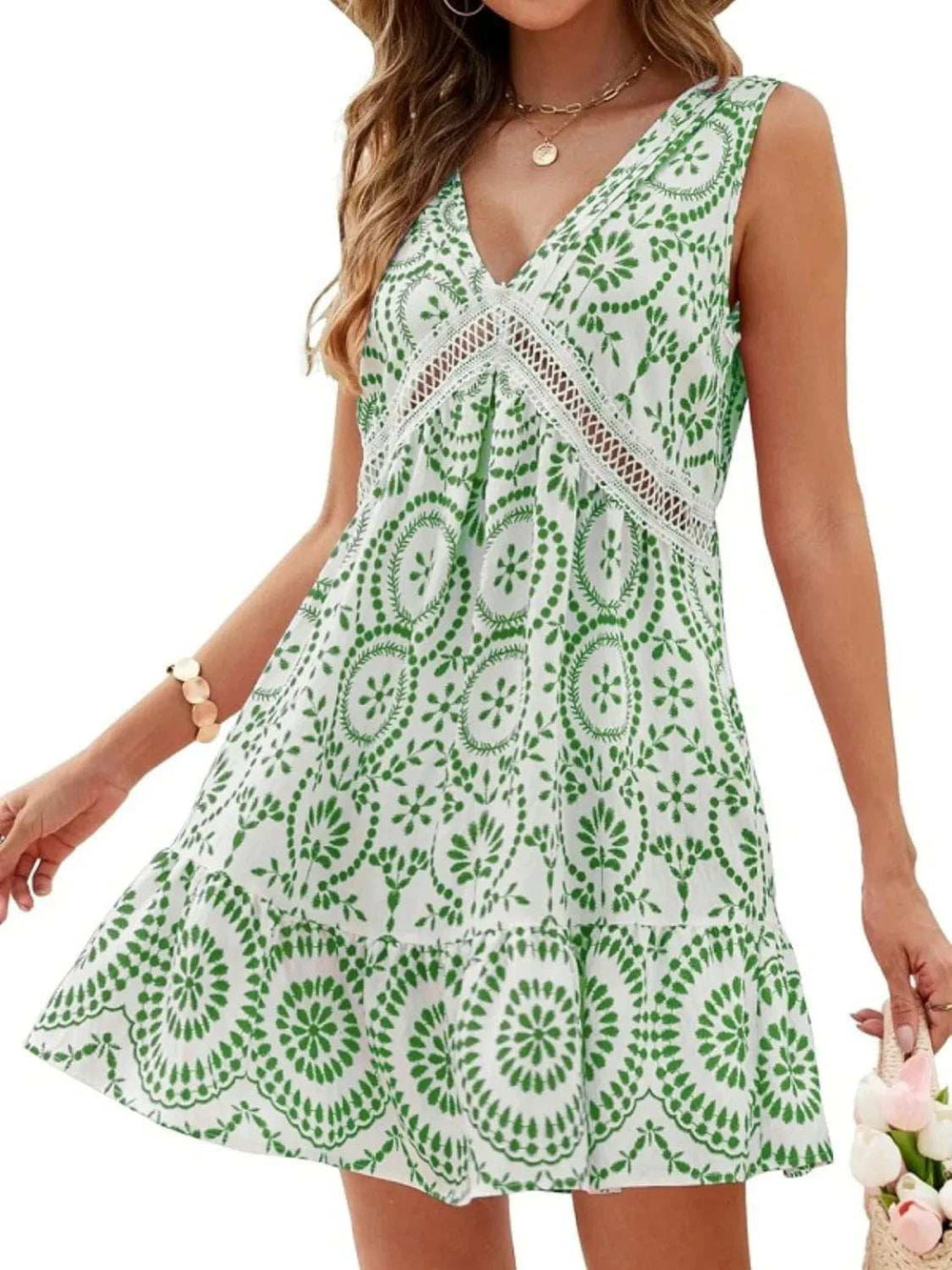 Printed V-Neck Sleeveless Mini Dress - Trendsi - Flyclothing LLC