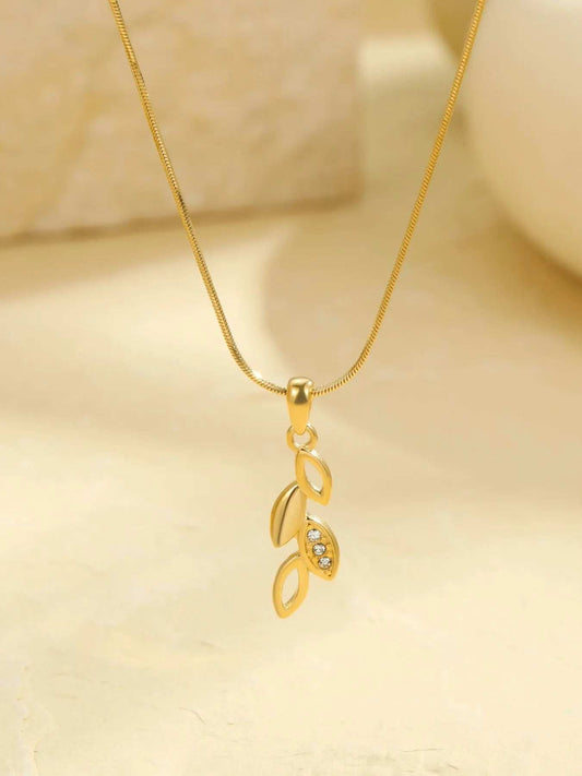 18K Gold-Plated Stainless Steel Zircon Leaf Pendant Necklace - Trendsi - Flyclothing LLC