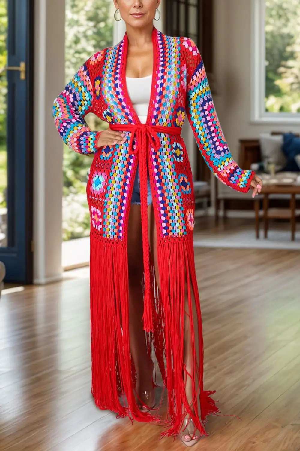 Fringe Tied Long Sleeve Cardigan - Trendsi - Flyclothing LLC