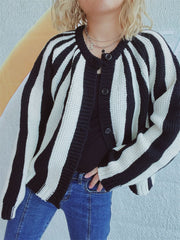 Contrast Stripes Button Down Long Sleeve Cardigan - Trendsi