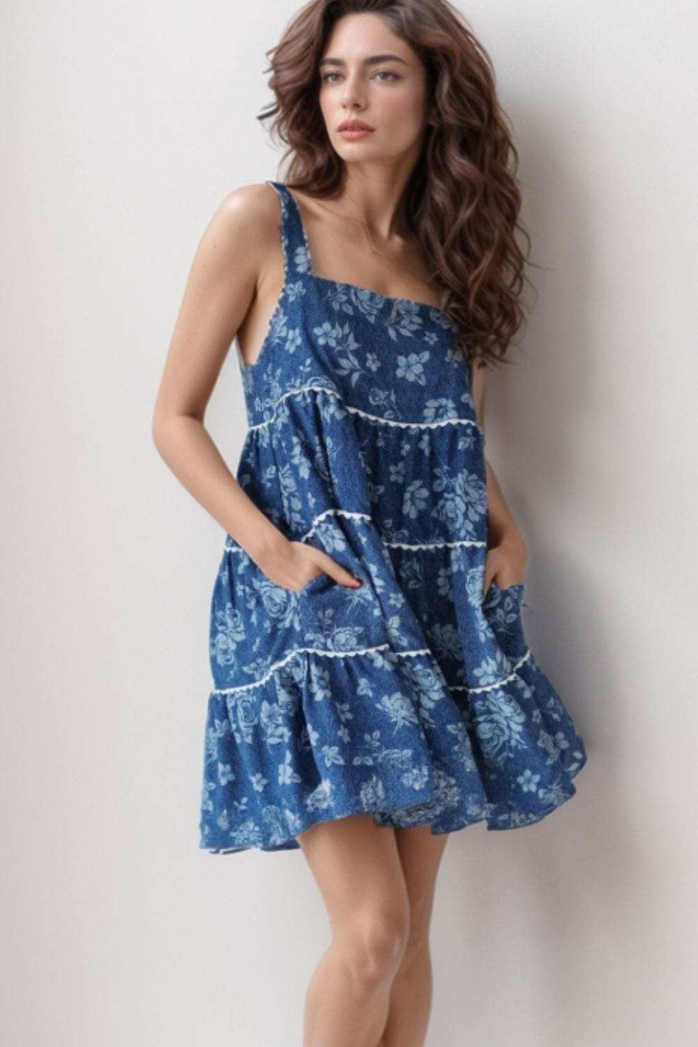 Floral Tiered Square Neck Denim Dress - Trendsi - Flyclothing LLC