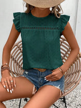Eyelet Round Neck Cap Sleeve Top - Trendsi - Flyclothing LLC