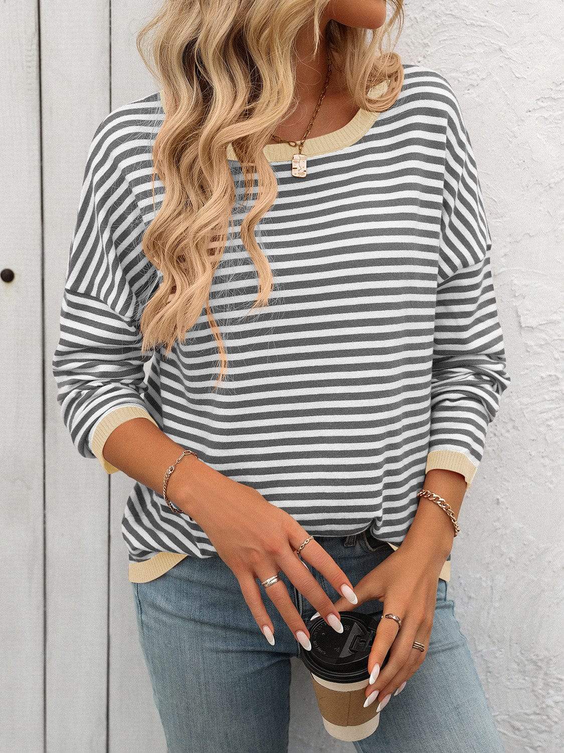 Mandy Striped Round Neck Long Sleeve Sweater - Trendsi - Flyclothing LLC