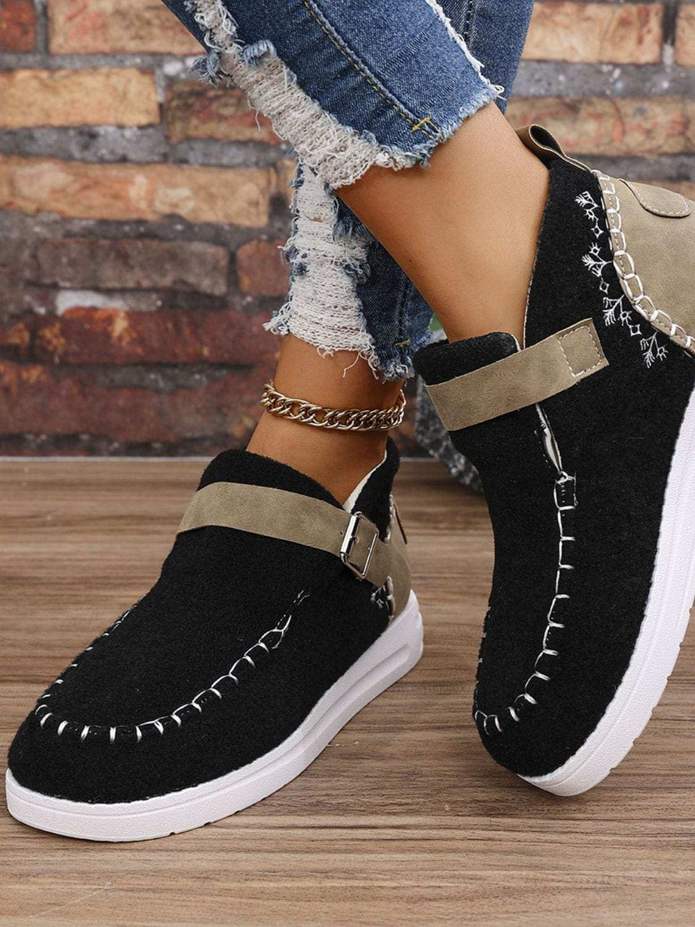 Contrast Round Toe Buckle Sneakers - Trendsi - Flyclothing LLC