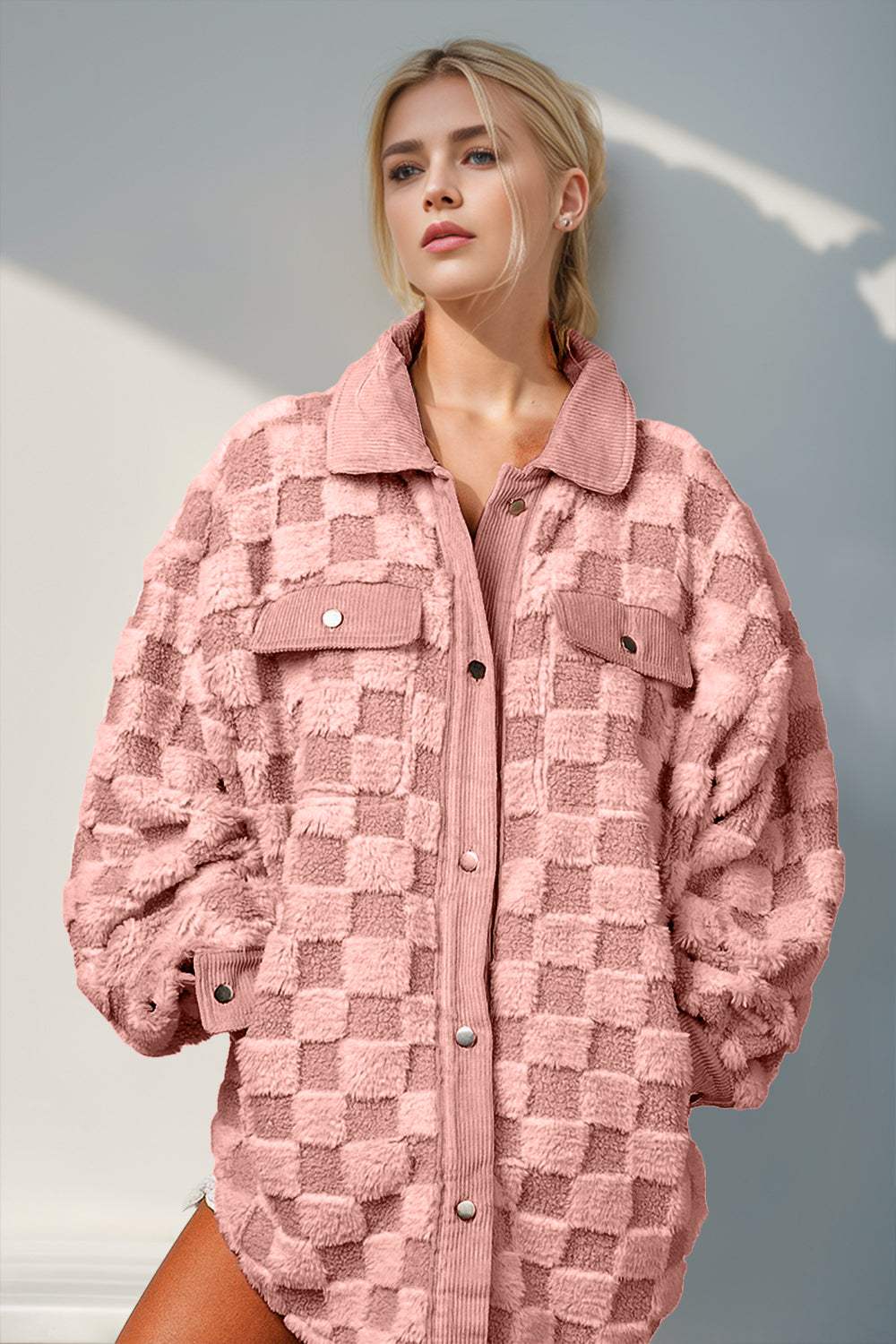 Double Take Button Up Fuzzy Checkered Shacket - Trendsi - Flyclothing LLC