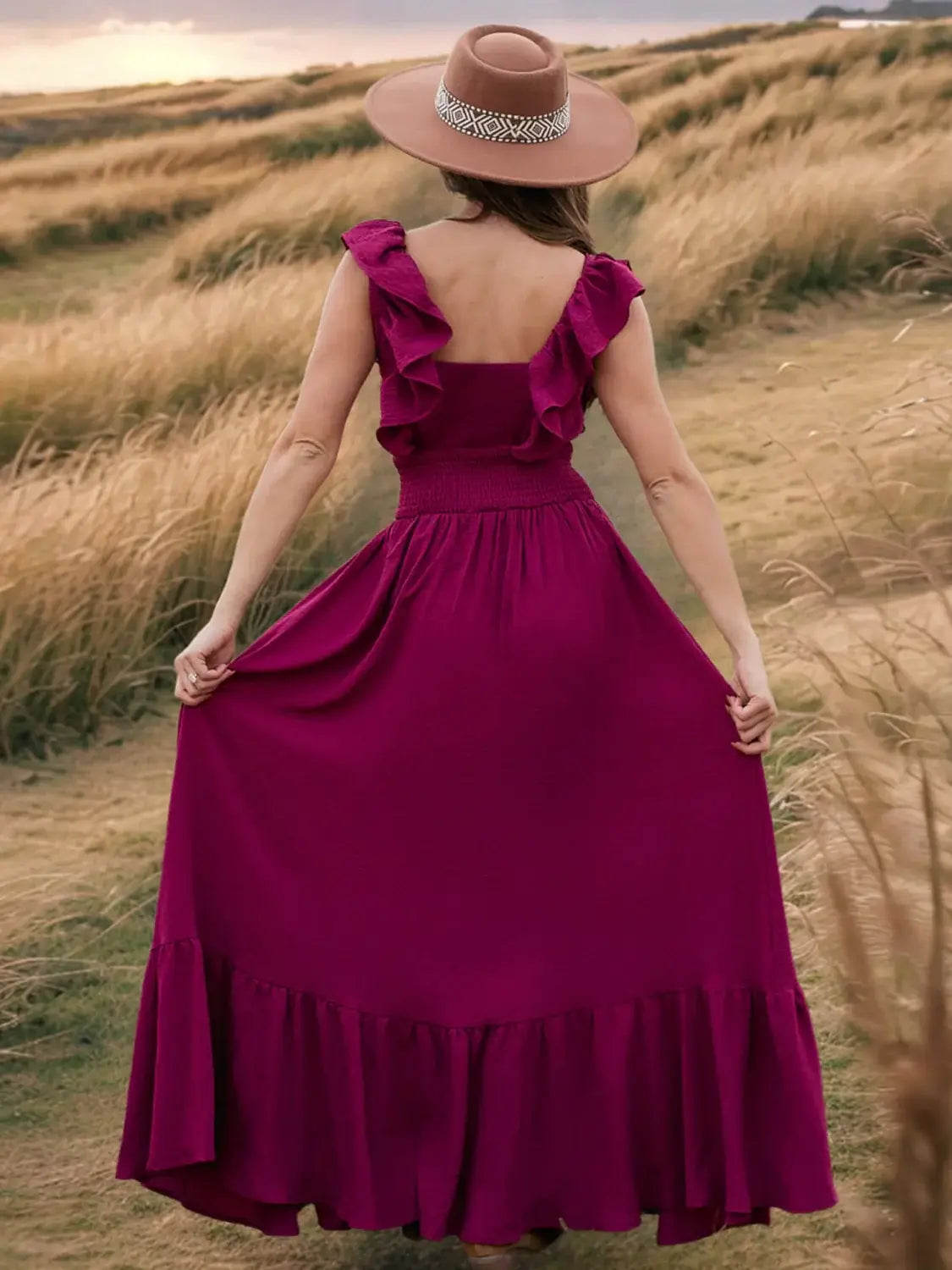 Ruffled Smocked Square Neck Maxi Dress - Trendsi - Flyclothing LLC