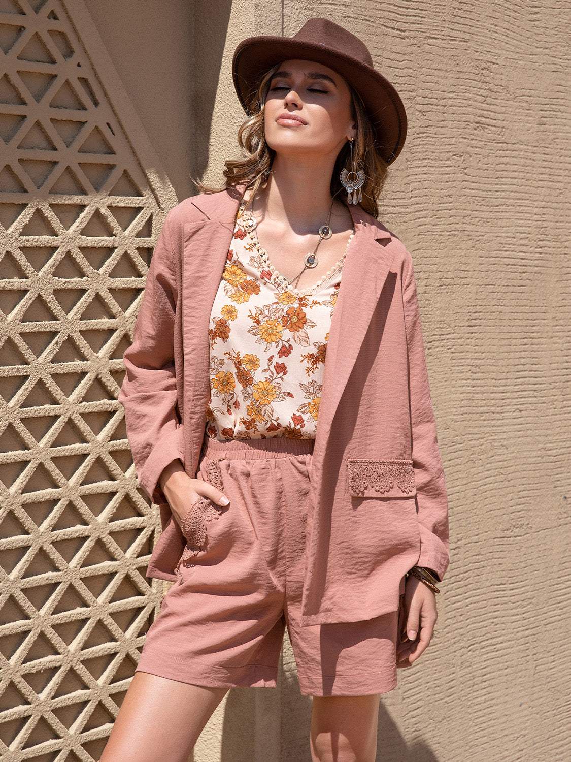 Lace Detail Collared Neck Long Sleeve Top and Shorts Set - Trendsi - Flyclothing LLC