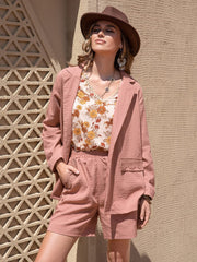 Lace Detail Collared Neck Long Sleeve Top and Shorts Set - Trendsi