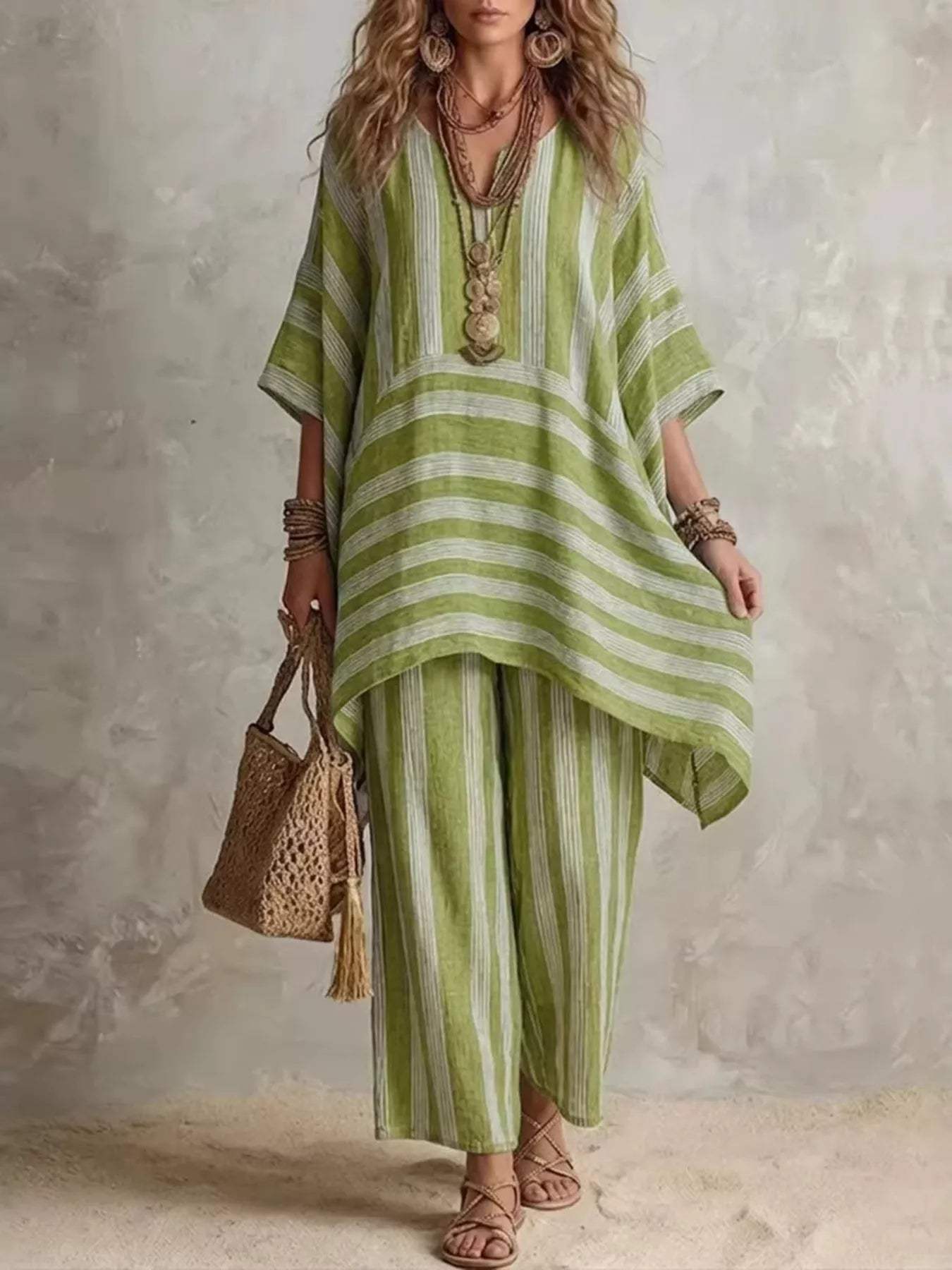 Bohemian Stripe Top and Pants Set - Trendsi - Flyclothing LLC