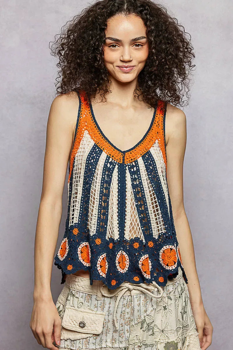 POL Openwork Stripe Pattern Flowy Tank with Scalloped Edge - Trendsi - Flyclothing LLC