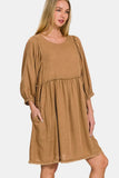 Zenana Washed Linen Pleated Puff Sleeve Babydoll Dress - Trendsi