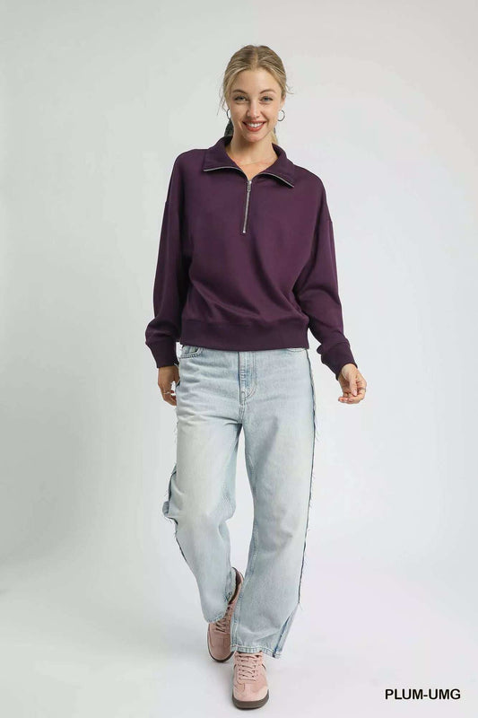 Umgee Half Zip Drop Shoulder Sweatshirt - Trendsi - Flyclothing LLC