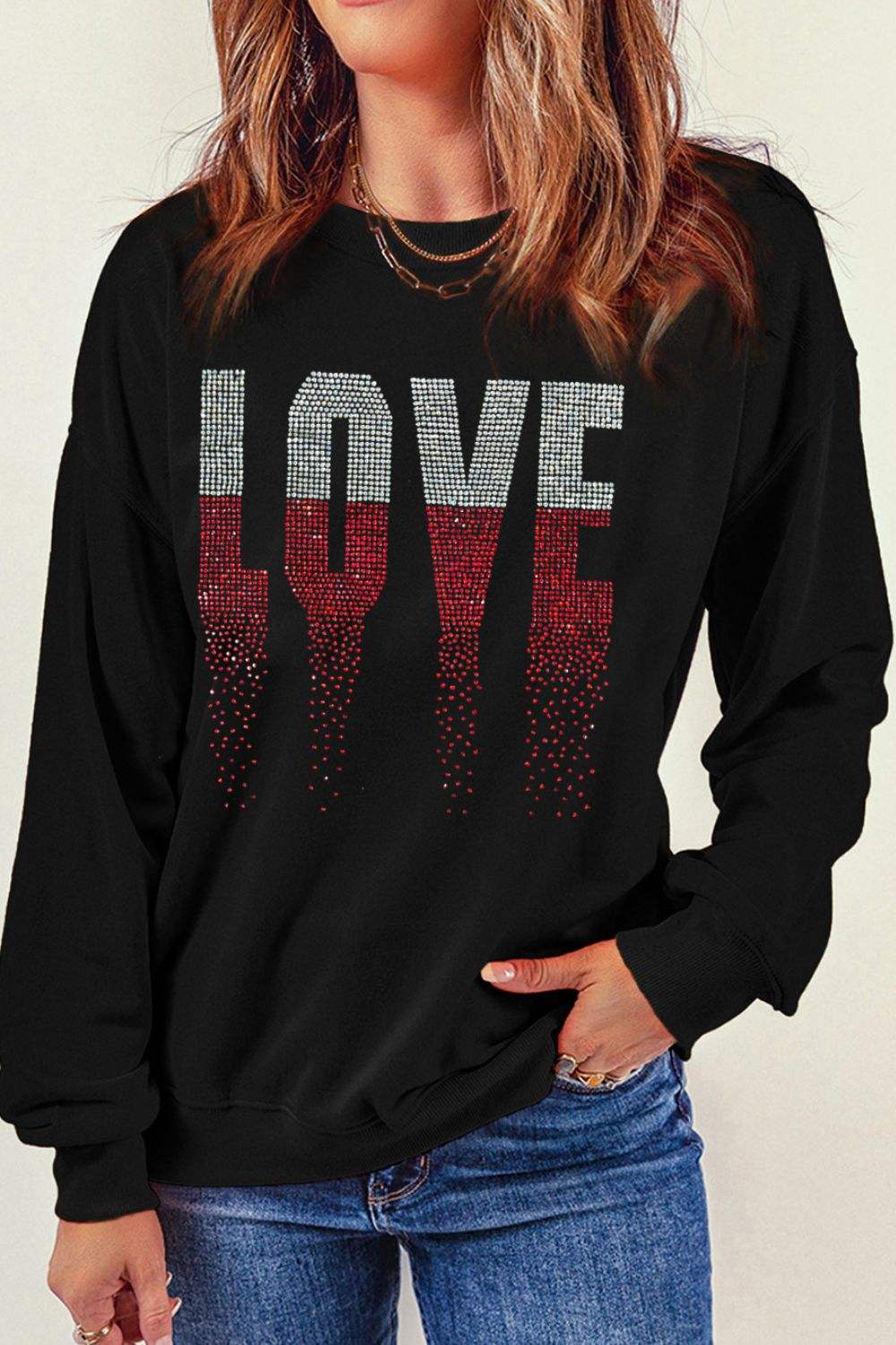Rhinestone LOVE Round Neck Long Sleeve Sweatshirt - Trendsi - Flyclothing LLC