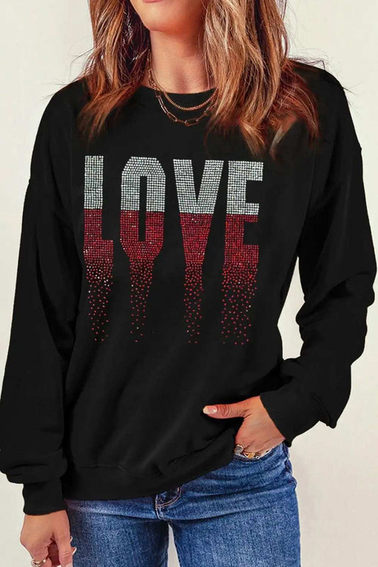 Rhinestone LOVE Round Neck Long Sleeve Sweatshirt - Trendsi - Flyclothing LLC