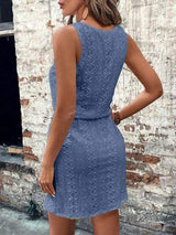 Eyelet Drawstring Round Neck Sleeveless Dress - Trendsi - Flyclothing LLC