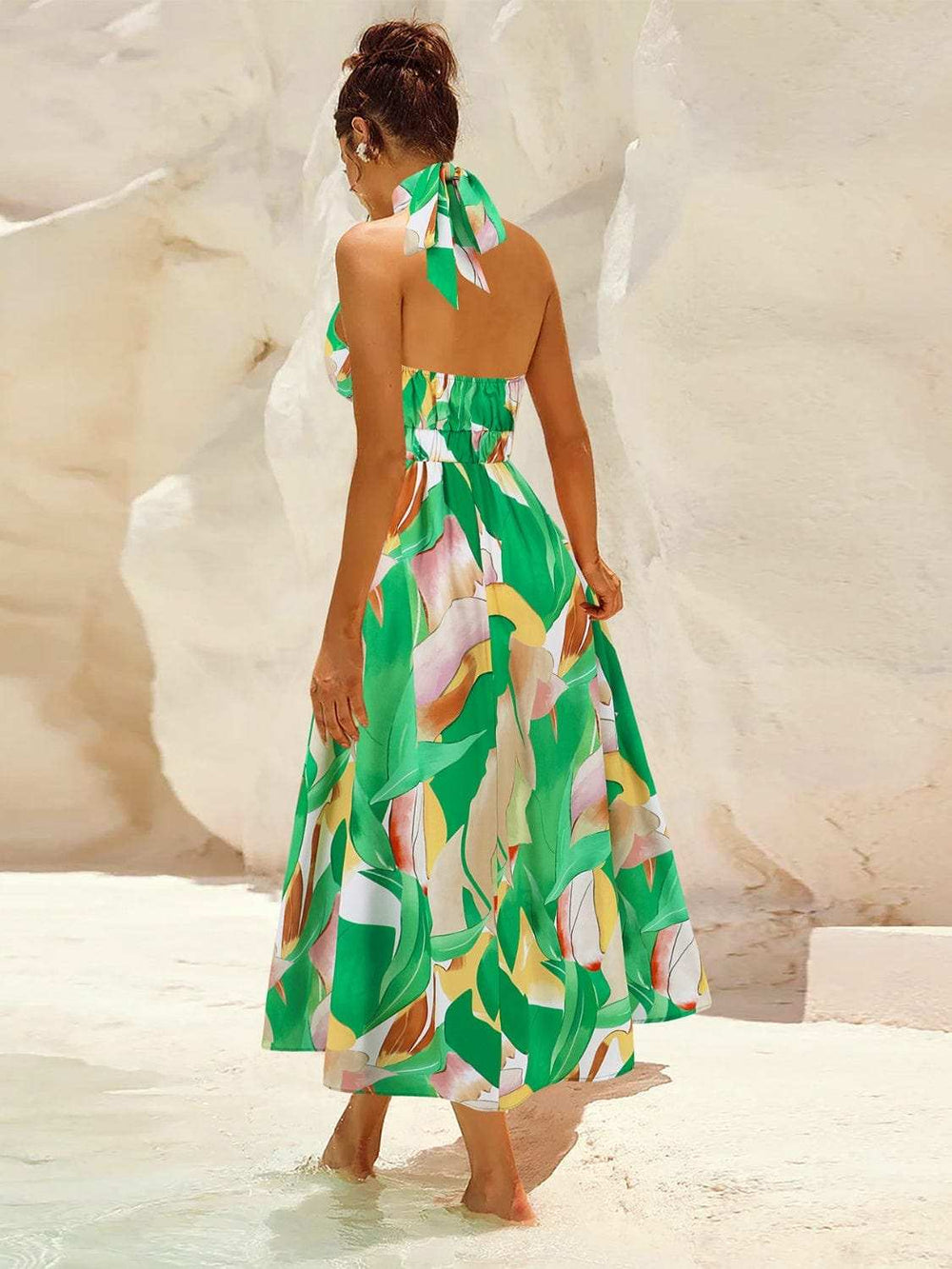 Ruched Printed Halter Neck Sleeveless Dress - Trendsi - Flyclothing LLC