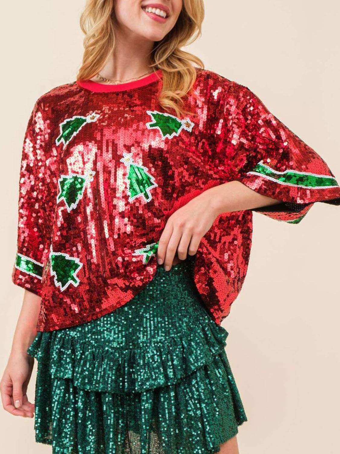 Sequin Round Neck Half Sleeve Top - Trendsi - Flyclothing LLC