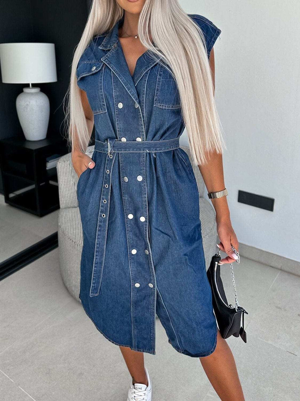 Collared Neck Cap Sleeve Denim Dress - Trendsi - Flyclothing LLC