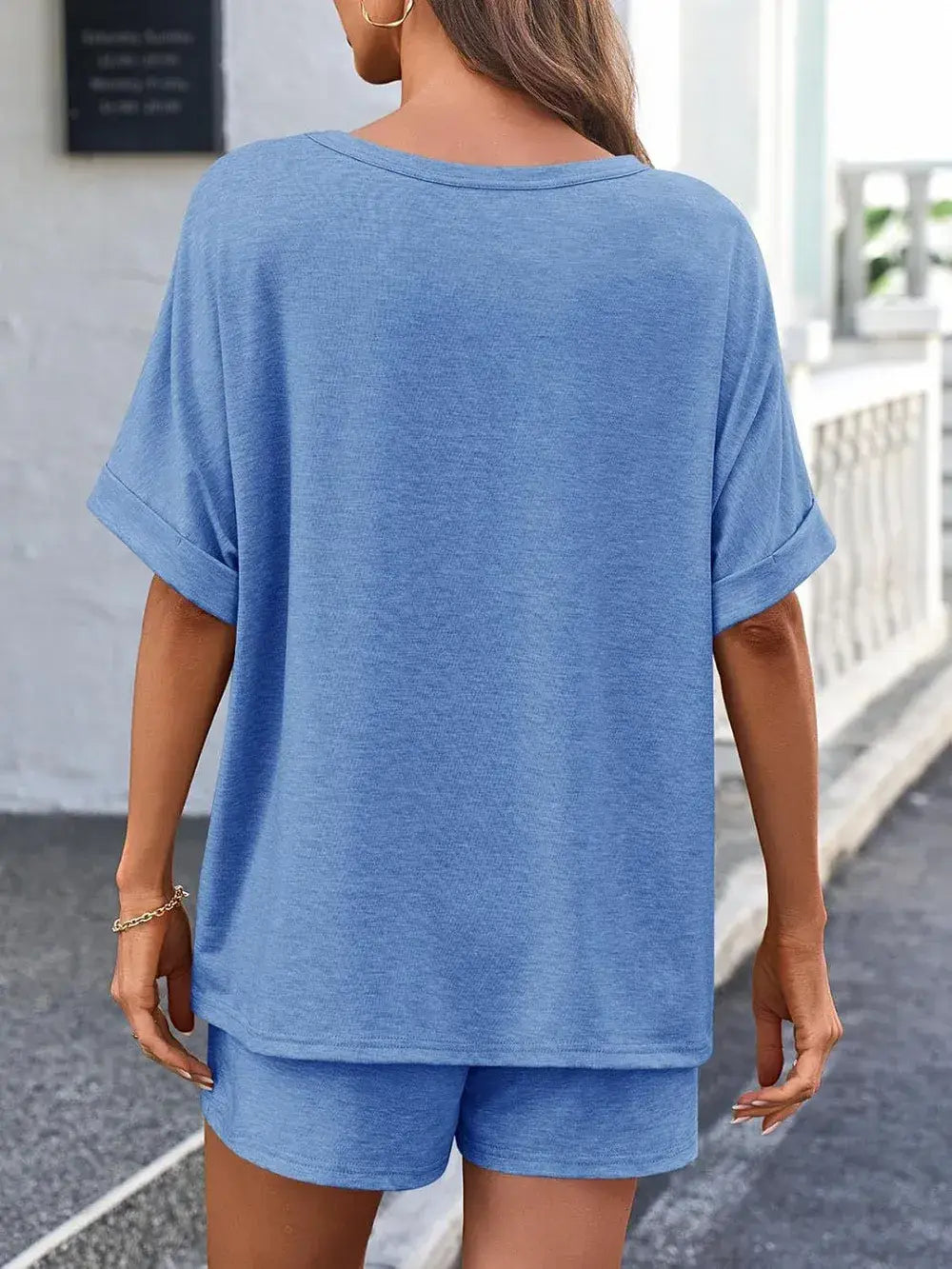 Round Neck T-Shirt and Drawstring Shorts Set - Trendsi - Flyclothing LLC
