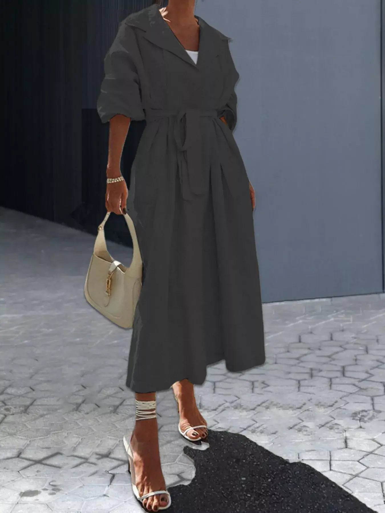 Tie Waist Midi Shirt Dress - Trendsi - Flyclothing LLC