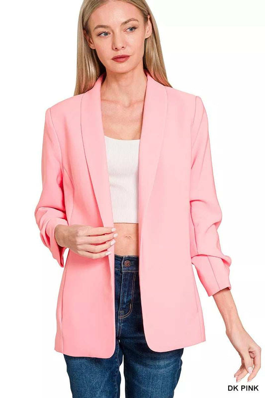 Zenana Woven 3/4 Ruched Sleeve Open Front Classic Blazer - Trendsi - Flyclothing LLC