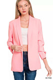 Zenana Woven 3/4 Ruched Sleeve Open Front Classic Blazer - Trendsi - Flyclothing LLC