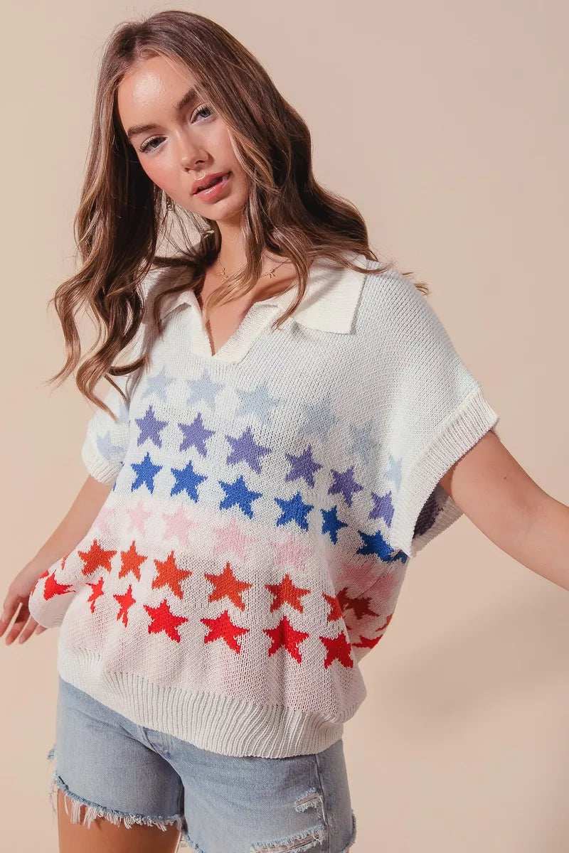 SO ME Fourth Of July Stars Loose Fit Knit Top - Trendsi - Flyclothing LLC