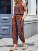 Lovelet Plaid Round Neck Sleeveless Top and Pants Set - Trendsi - Flyclothing LLC