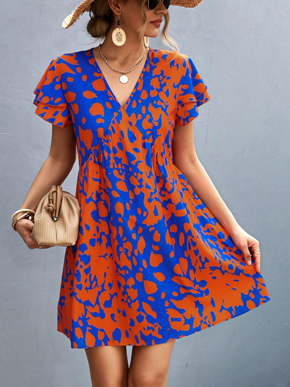 Ruffled Printed V-Neck Short Sleeve Mini Dress - Trendsi