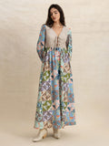 Tied Front Printed Long Sleeve Maxi Dress - Trendsi