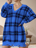 Distressed Plaid V-Neck Long Sleeve Sweater Dress - Trendsi - Flyclothing LLC