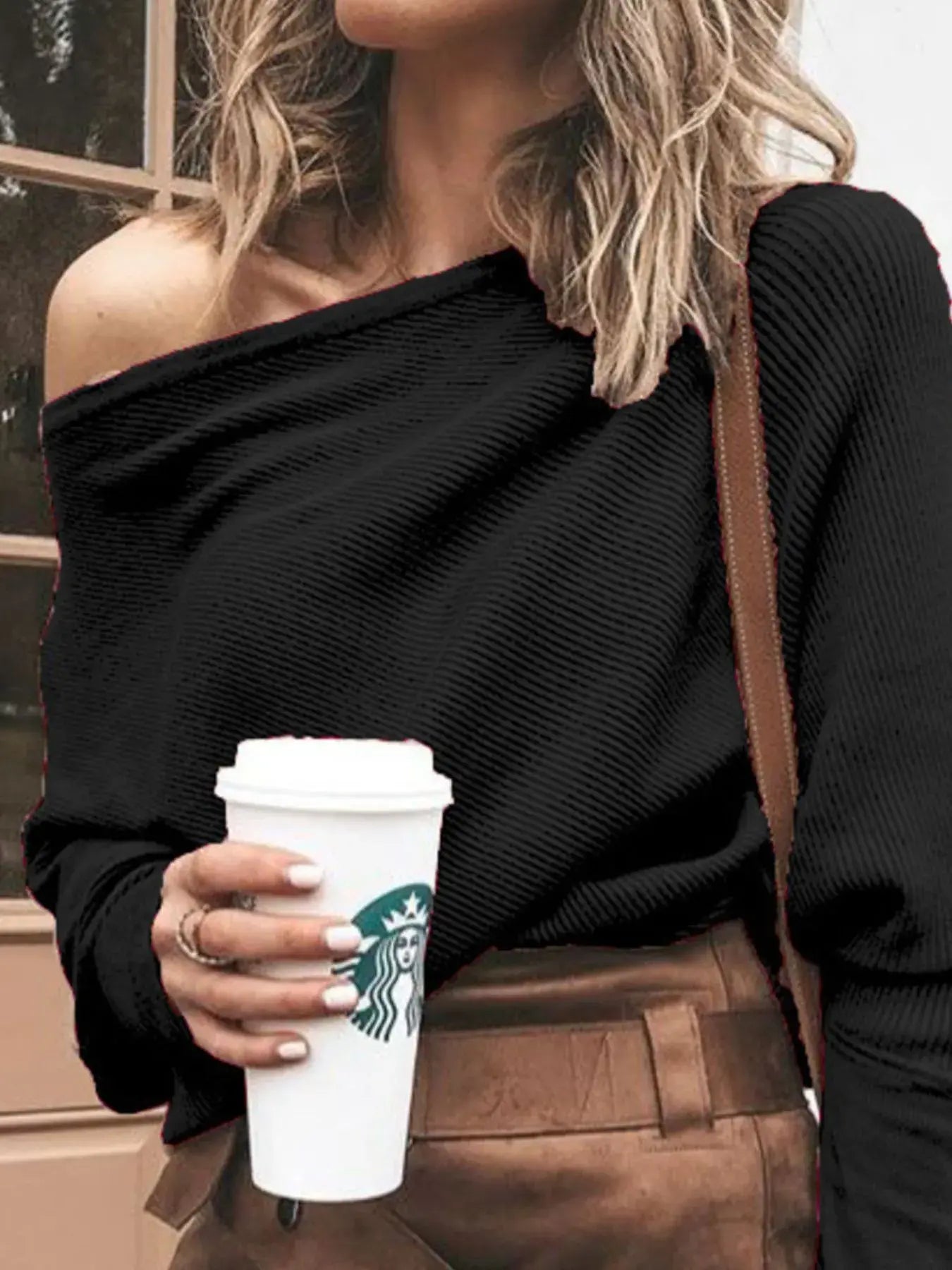 Full Size One-Shoulder Ribbed Sweater Plus Size - Trendsi - Flyclothing LLC