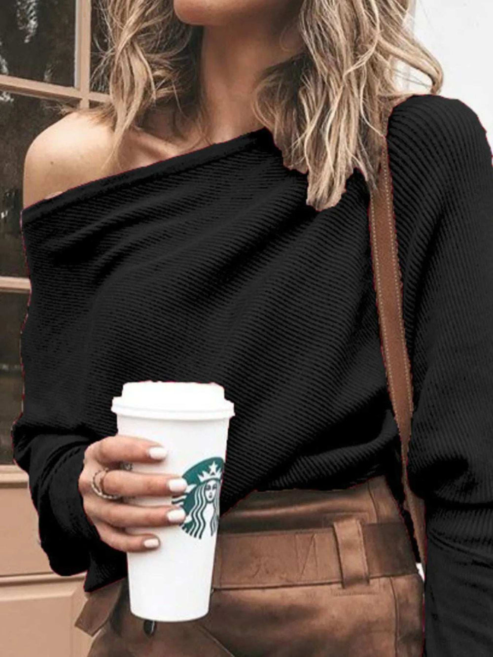 Full Size One-Shoulder Ribbed Sweater Plus Size - Trendsi - Flyclothing LLC