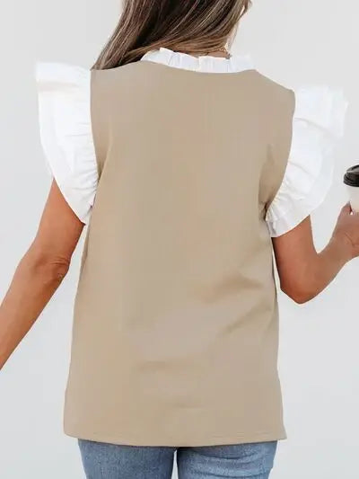 Ruffled Notched Cap Sleeve Top - Trendsi - Flyclothing LLC