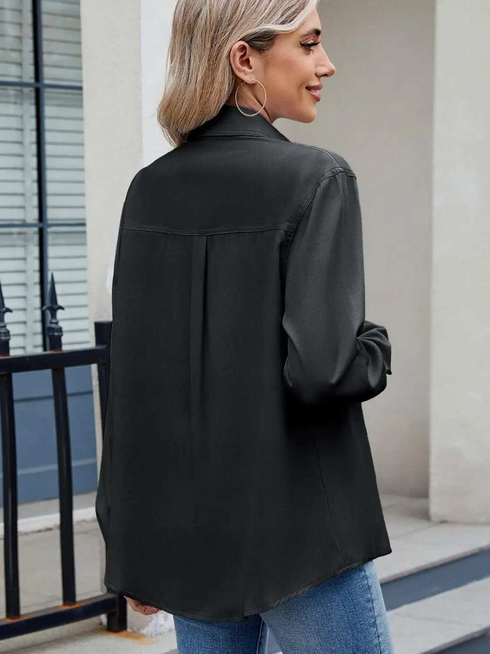 Solid Color Collared Neck Long Sleeve Shirt - Trendsi - Flyclothing LLC