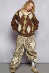 POL V-Neck Argyle Pattern Mohair Sweater with Contrast Exposed Stitch Detail - Trendsi - Flyclothing LLC
