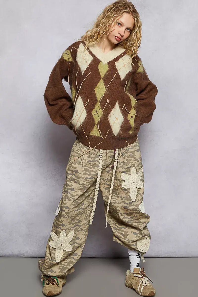 POL V-Neck Argyle Pattern Mohair Sweater with Contrast Exposed Stitch Detail - Trendsi - Flyclothing LLC
