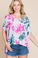 BOMBOM Floral V-Neck Short Sleeve T-Shirt - Trendsi - Flyclothing LLC