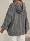 Slit Drawstring Striped Long Sleeve Hoodie - Trendsi