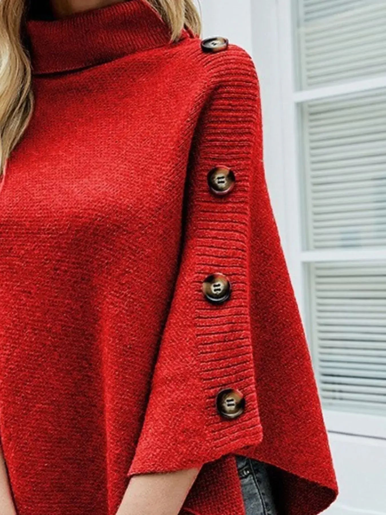 Button-Decor Turtleneck Poncho Pullover - Trendsi - Flyclothing LLC