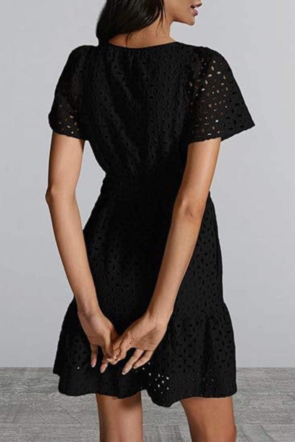 Eyelet Notched Short Sleeve Mini Dress - Trendsi - Flyclothing LLC