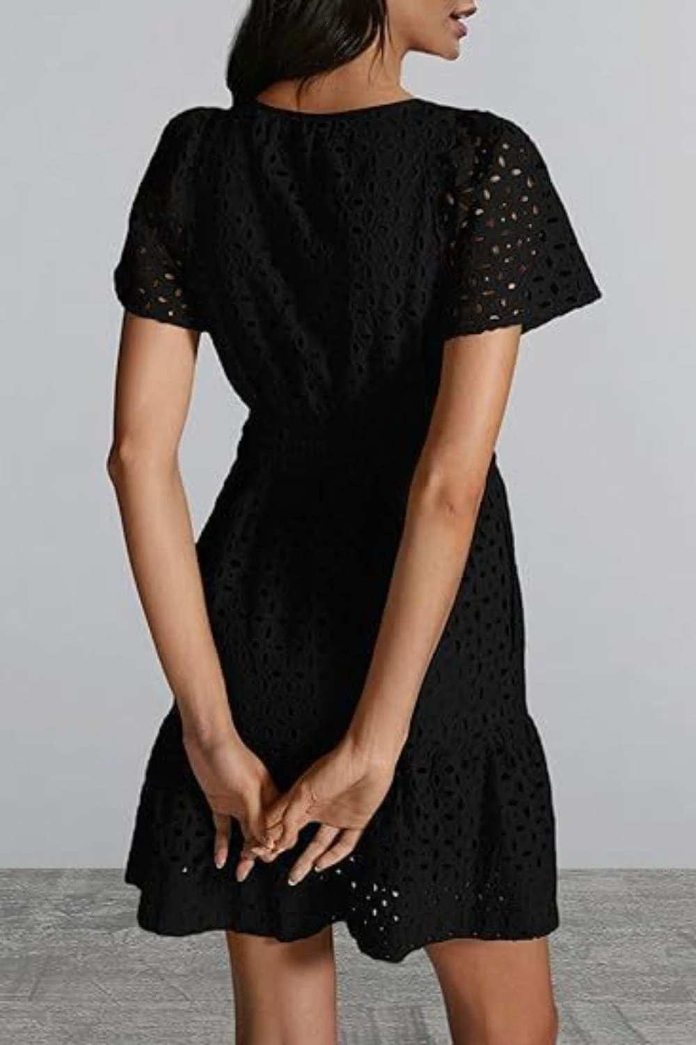 Eyelet Notched Short Sleeve Mini Dress - Trendsi - Flyclothing LLC