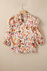 Abstract Print 3/4 Sleeve Ruffle Blouse - Trendsi - Flyclothing LLC